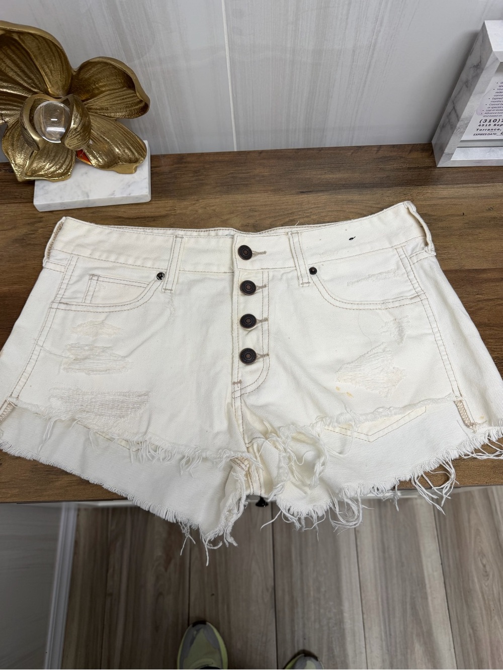 Abercrombie & Fitch Cream Distressed High-Rise Denim Shorts